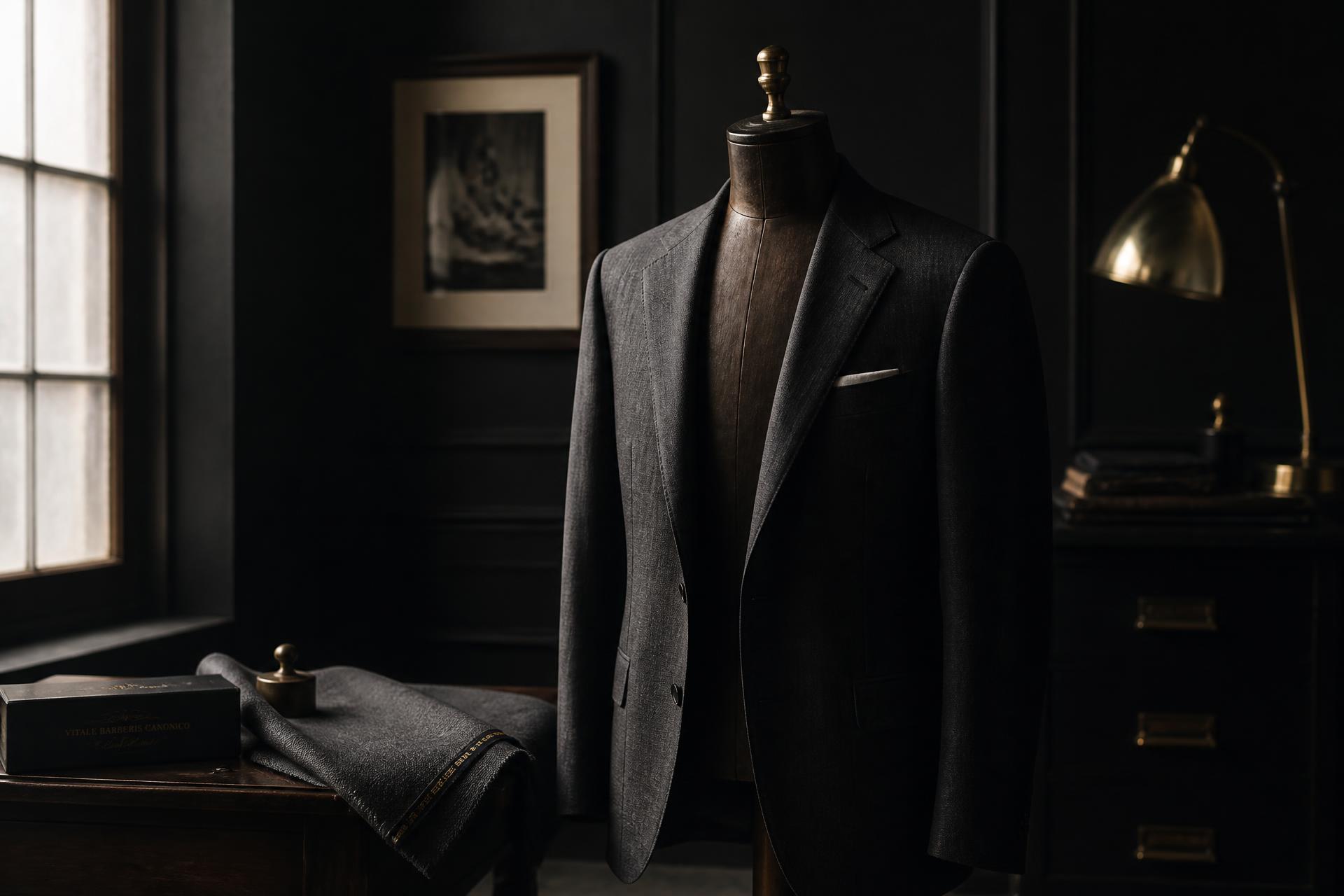 A bespoke charcoal suit jacket on a tailor's mannequin in a Firestone Collection atelier